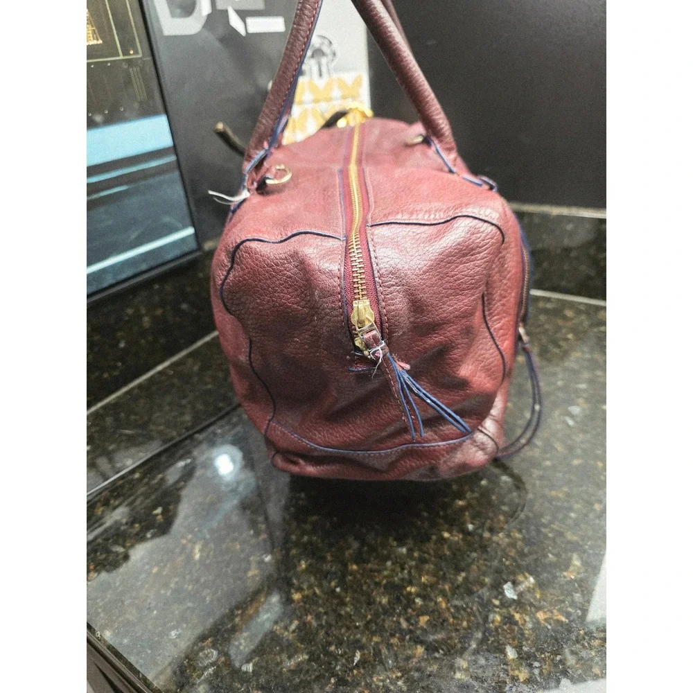 Tory Burch Brody Satchel Large Burgundy Pebbled Leather Gold Logo Duffel Bag